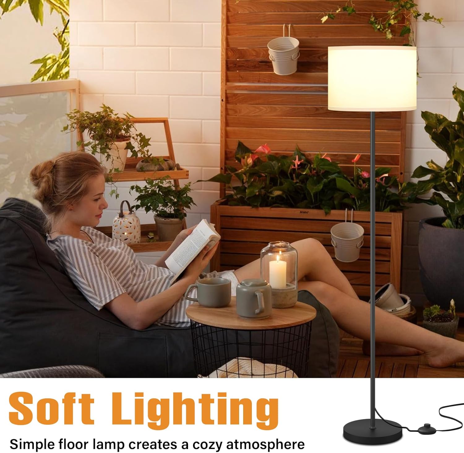 Modern Floor Lamp Simple Design with White Shade, Foot Pedal Switch, 60"