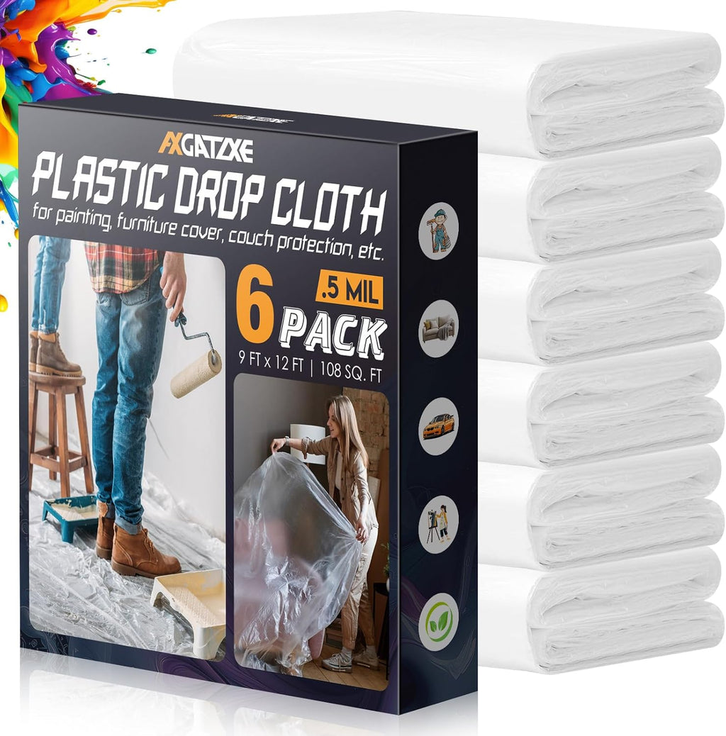 12 x 9 Ft Plastic Drop Cloths (6-Pack) - Disposable Painter's Sheeting &