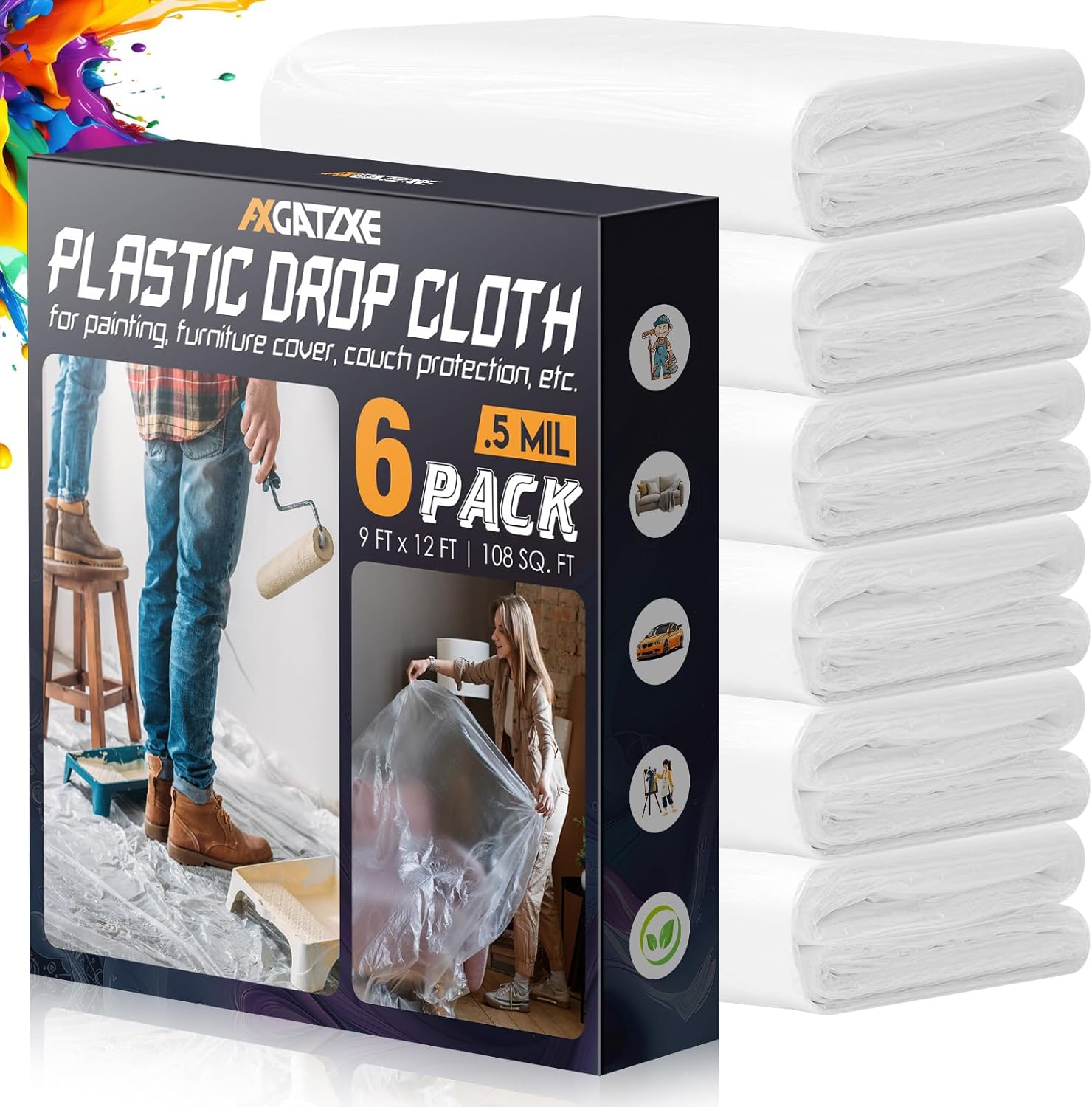 12 x 9 Ft Plastic Drop Cloths (6-Pack) - Disposable Painter's Sheeting &