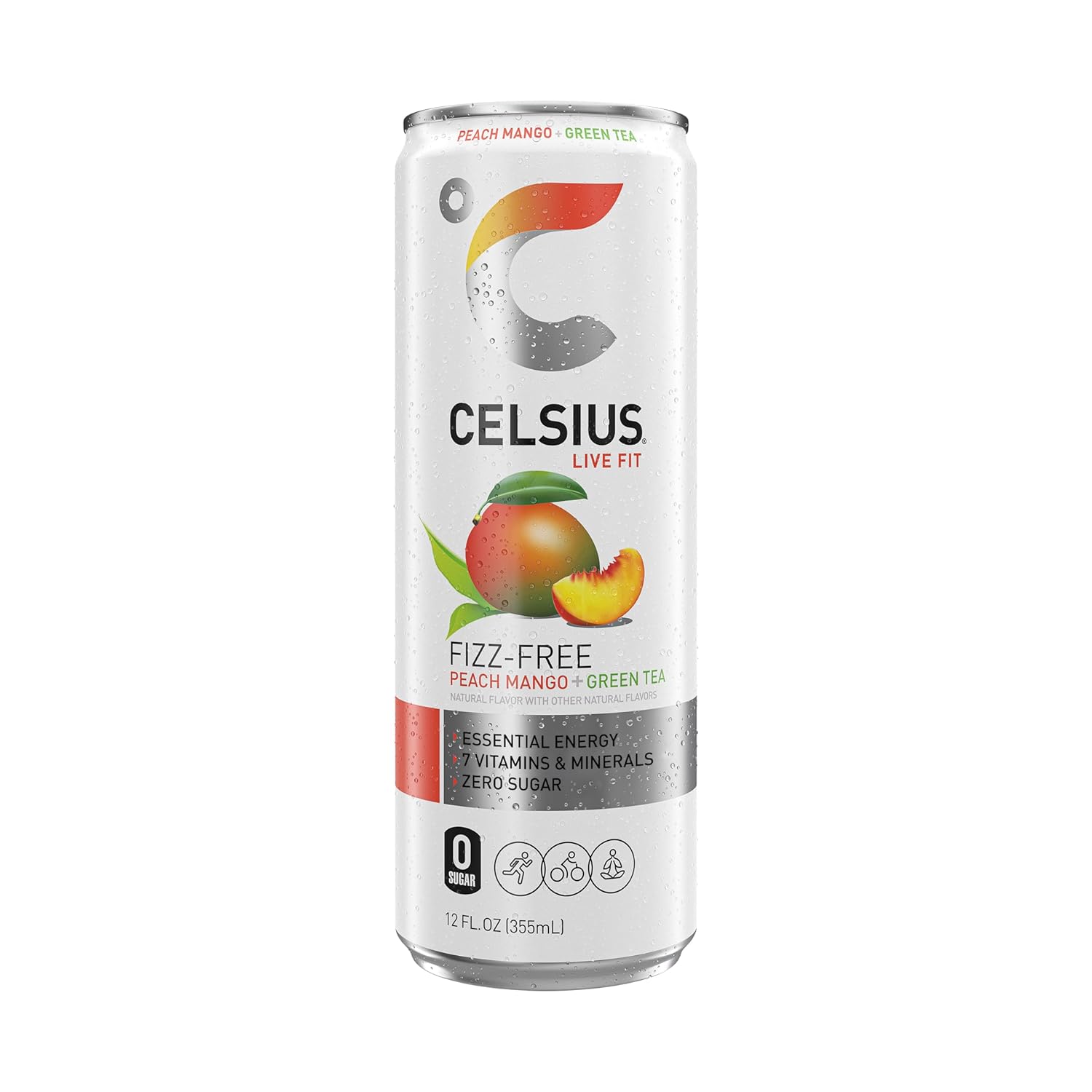 CELSIUS Fizz Free Peach Mango Green Tea, Sugar Free Energy Drink, 12 Fl Oz