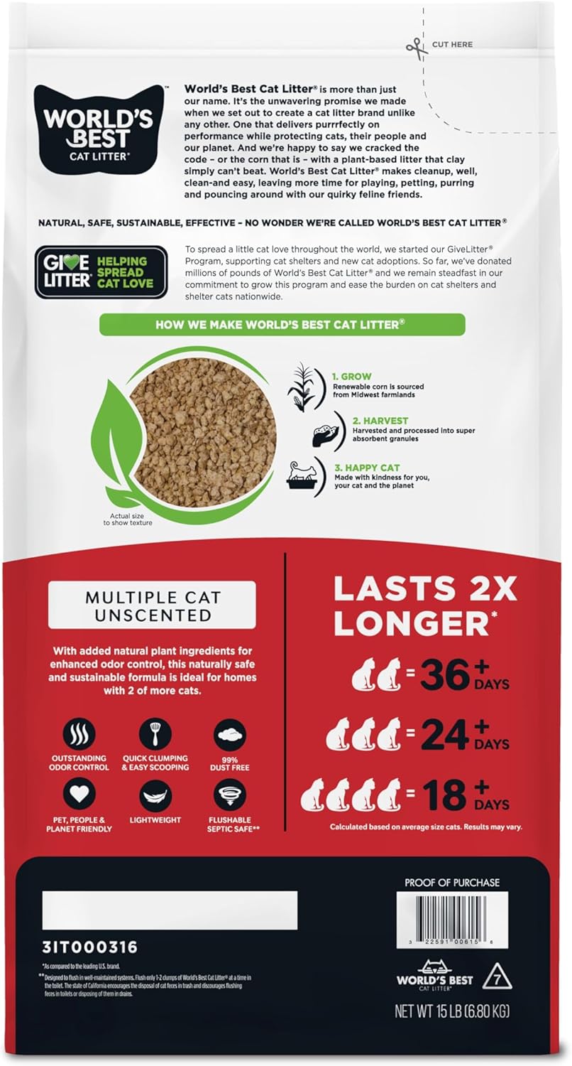 WORLD'S BEST CAT LITTER Multiple Cat Unscented, 15-Pounds - Natural