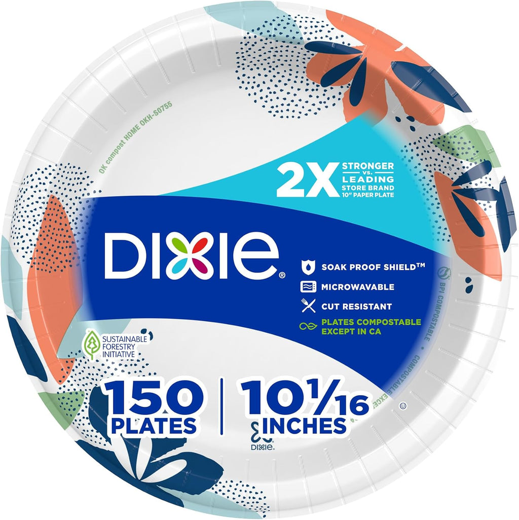 Dixie Large Paper Plates, 10 Inch, 150 Count, 2X Stronger*, Microwave-Safe