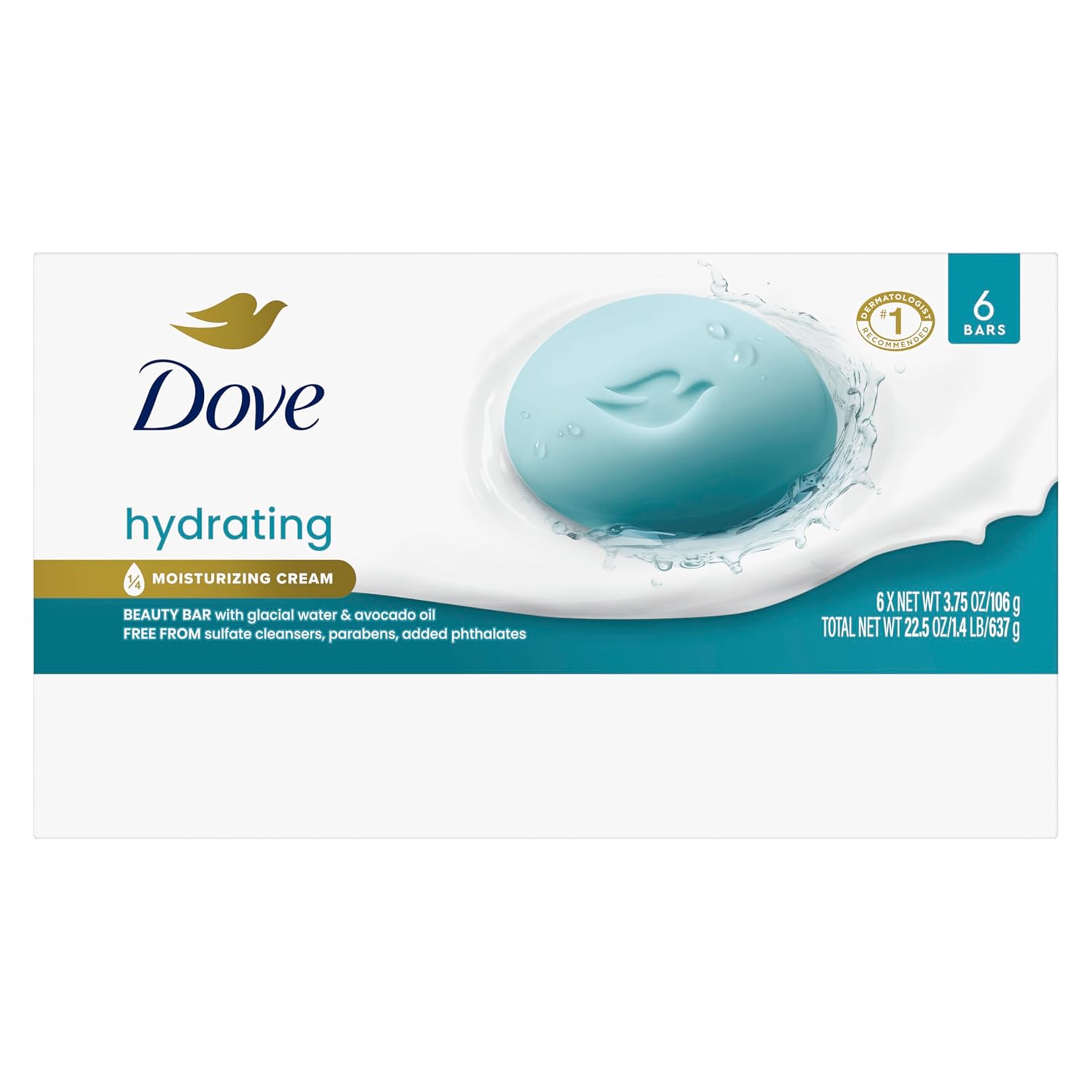 Dove Beauty Bar 6 Pack Hydrating with Glacial water & Avocado oil Cleanses &
