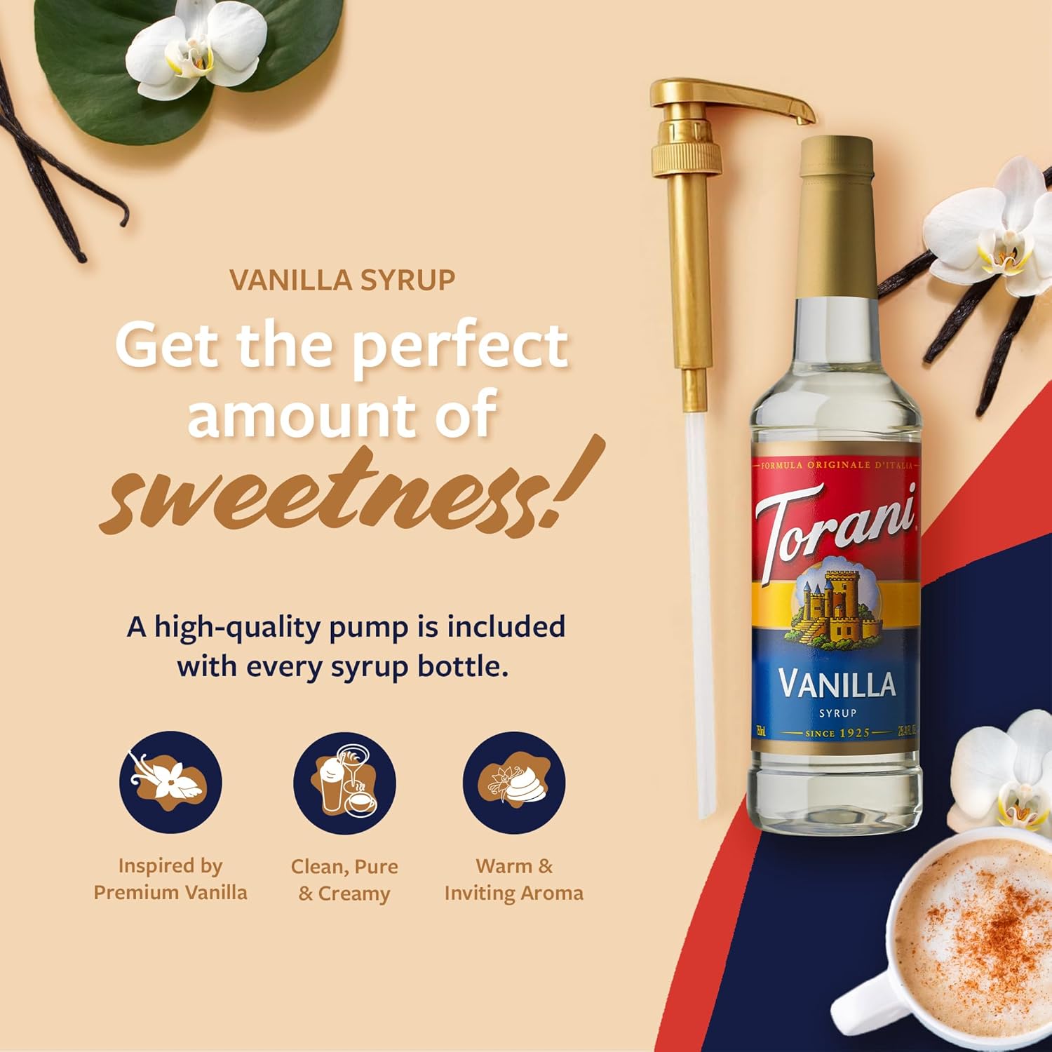 Torani Coffee Syrup, Vanilla Flavored Syrup for Drinks, Pump Included, 25.4