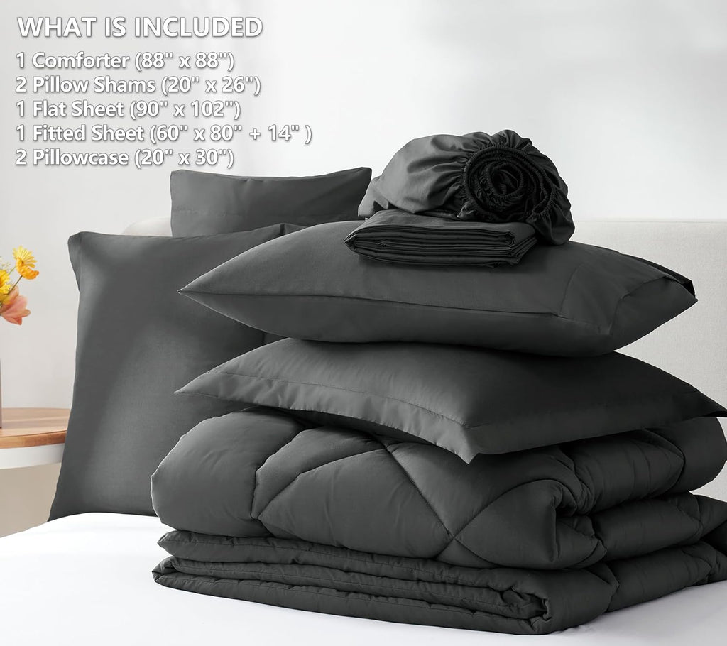 CozyLux Queen Comforter Set Dark Grey - Bed in a Bag Queen Size 7 Pieces
