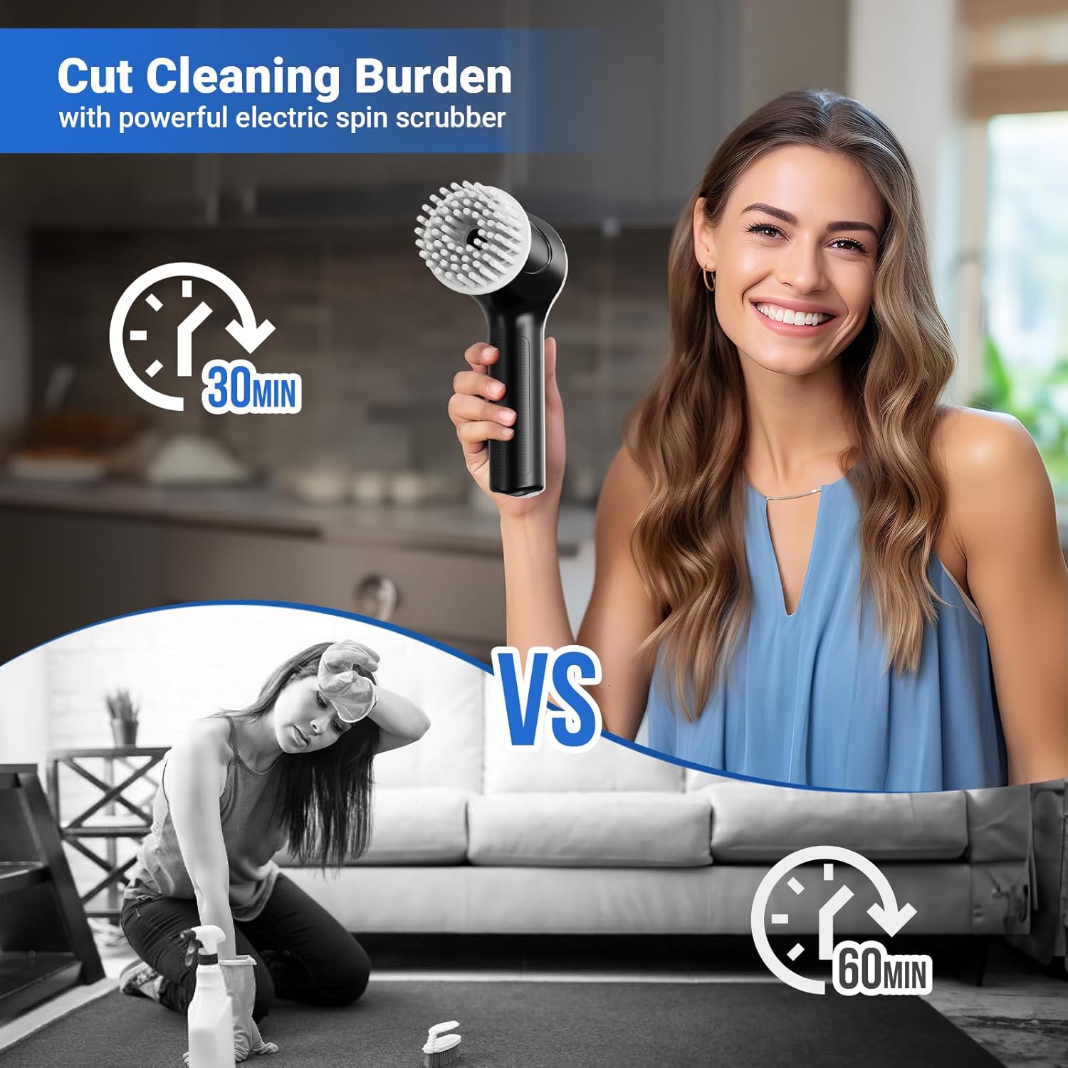 PUFTEM Electric Spin Scrubber, Cordless Shower Scrubber with Battery Level