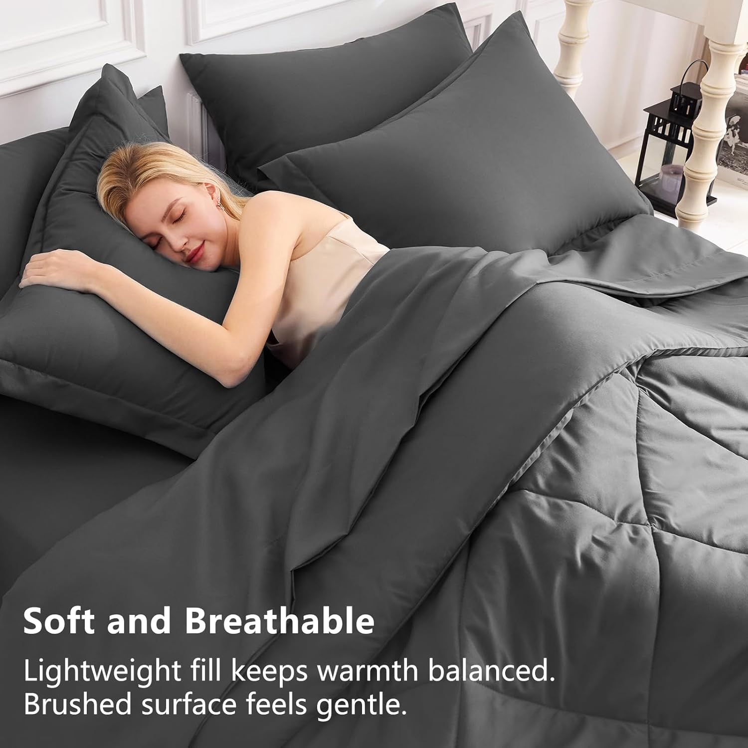 CozyLux Queen Comforter Set Dark Grey - Bed in a Bag Queen Size 7 Pieces