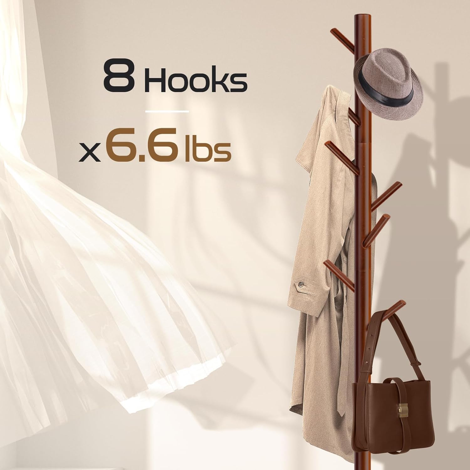 Solid Wooden Coat Rack Freestanding, New Zealand Pine Coat Tree with 8 Hooks