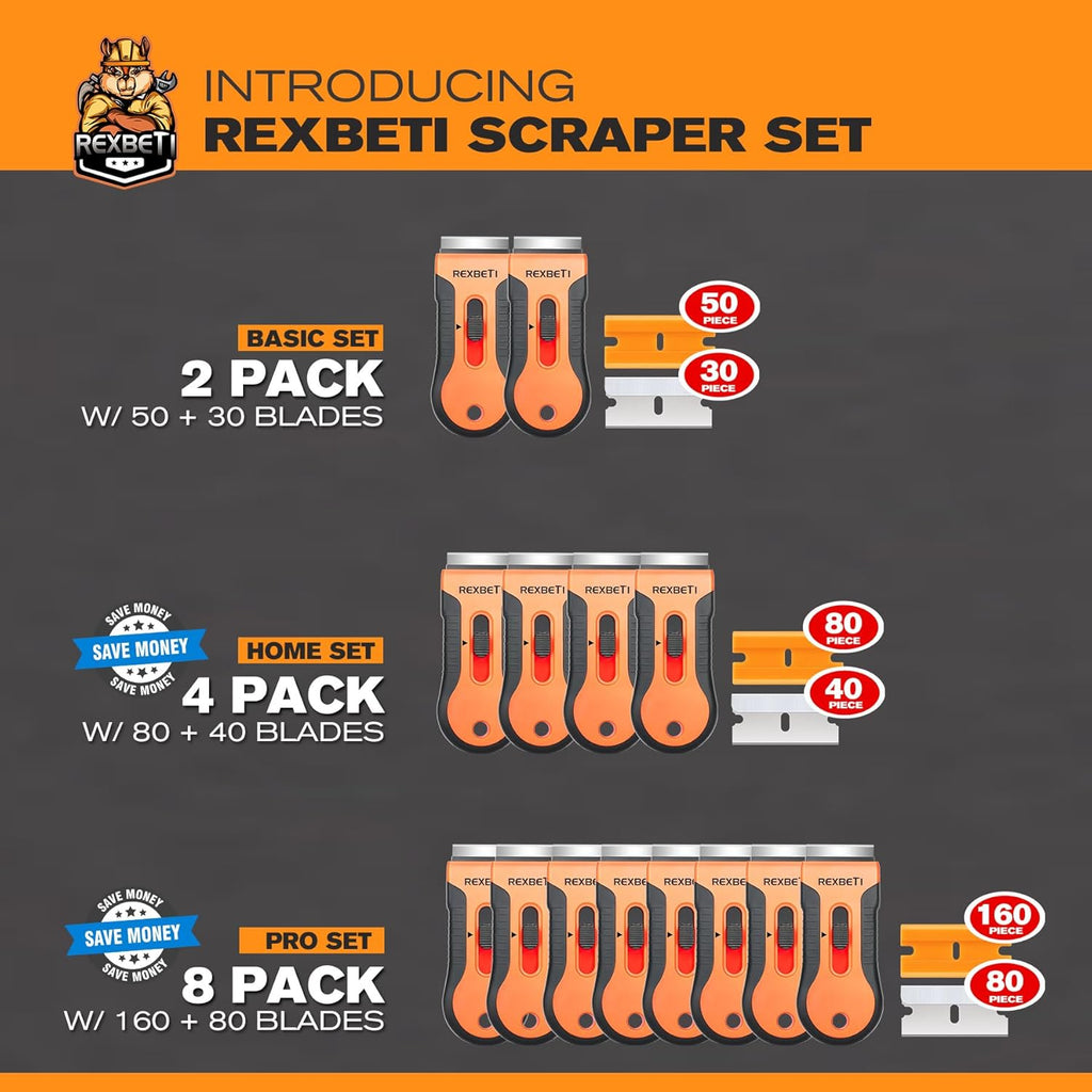 REXBETI Razor Blade Scraper Tool, 2 Pack Razor Scraper Set with Extra 80Pcs