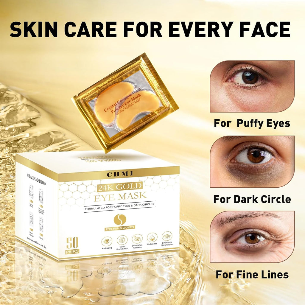 CHMI Under Eye Patches (50 Pairs) - 24K Gold Eye Patches for Puffy Eyes, Dark