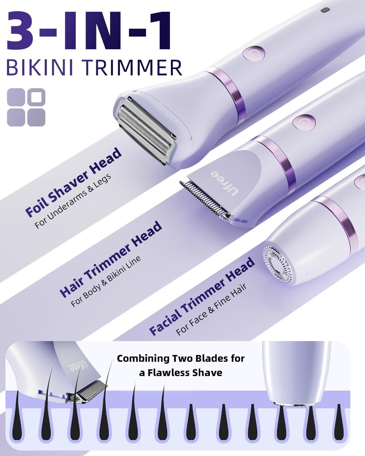 Ufree Bikini Trimmer Electric Razors for Women, Rechargeable Pubic Body Hair