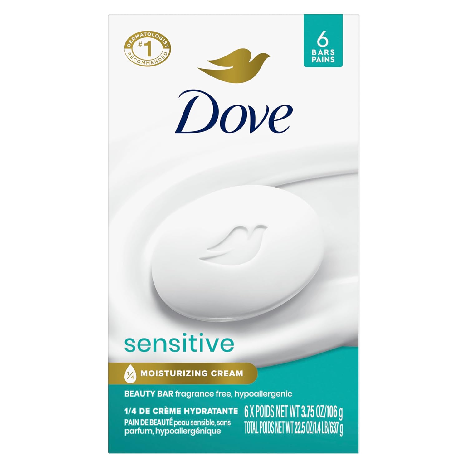 Dove Beauty Bar Soap Sensitive, 6 Bars for Sensitive Skin, Fragrance Free and