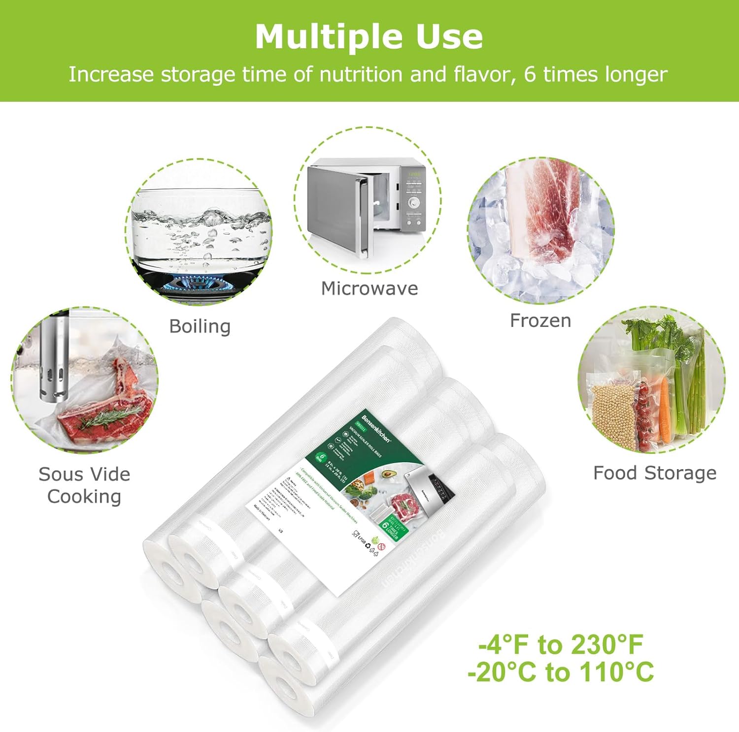 Bonsenkitchen Vacuum Sealer Rolls Bags, 6 Pack 3 Rolls 11" x 20' + 3 Rolls 8"