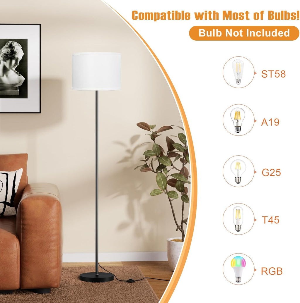 Modern Floor Lamp Simple Design with White Shade, Foot Pedal Switch, 60"