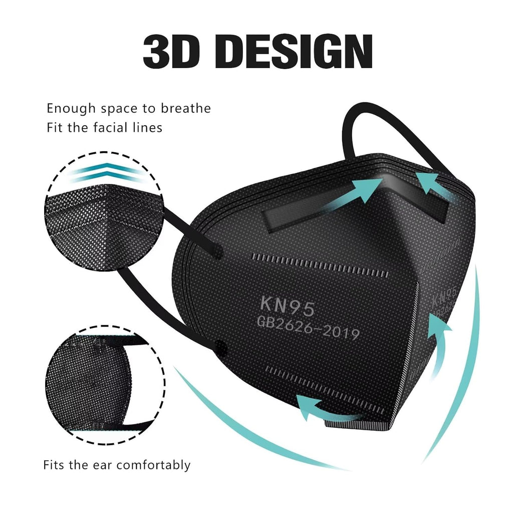 LEMENT 50pcs KN95 Face Mask Black 5 Layer Cup Dust Safety Masks Filter