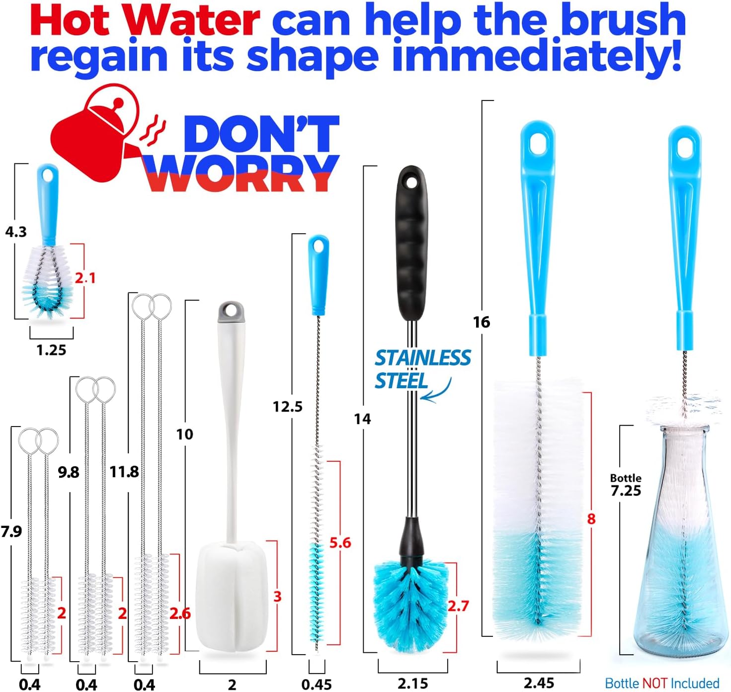 Holikme Bottle Brush Tube Cleaning Lab Set with Long Handle, Cup Cleaner for
