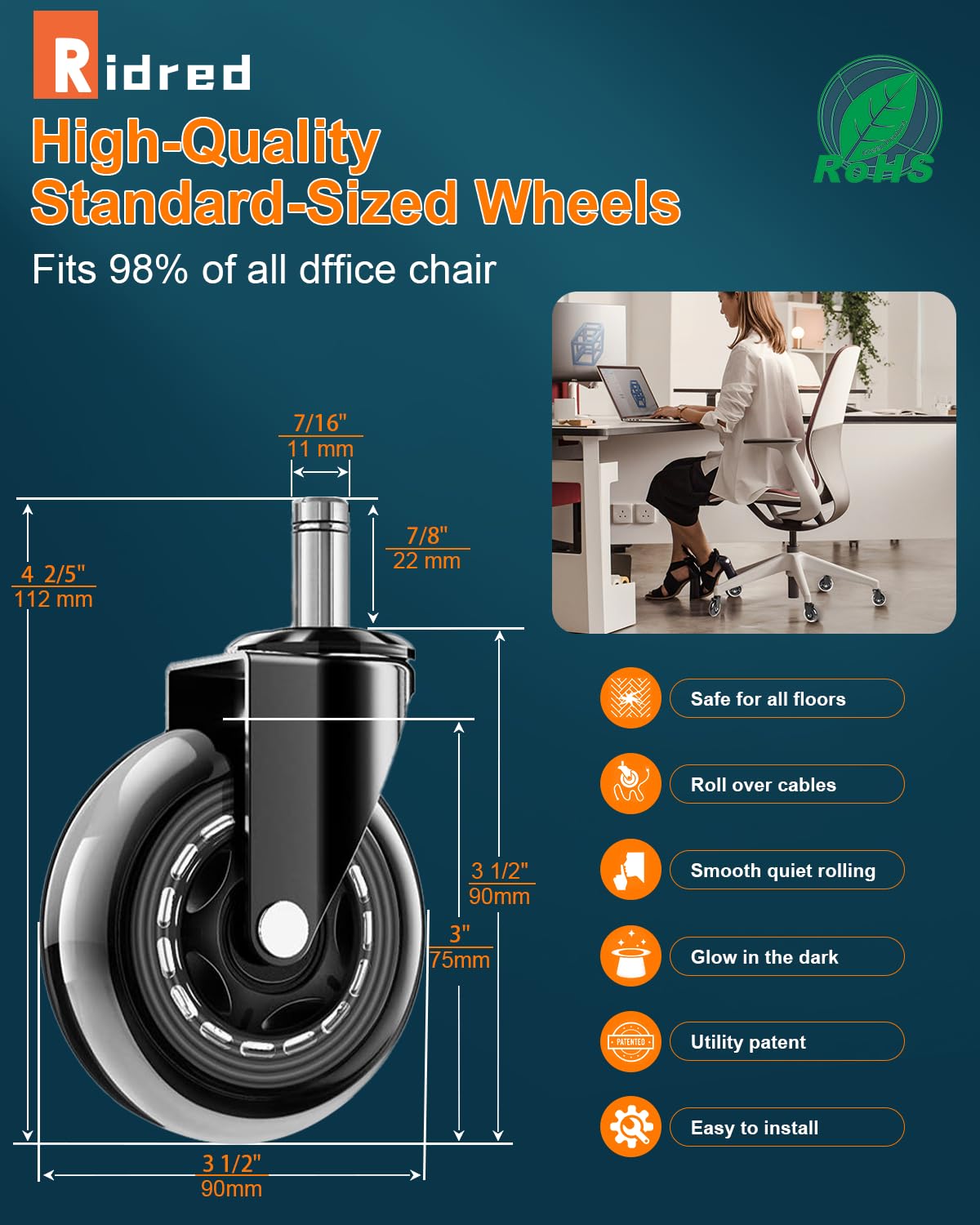 RidRed Office Chair Wheels - Replacement Rubber Wheels - Universal Fit 3 Inch