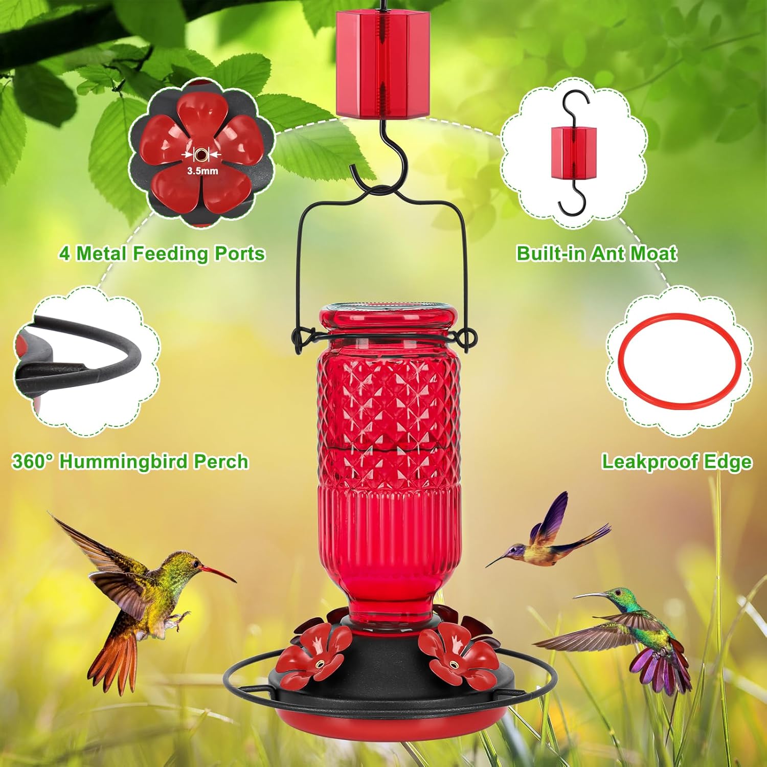 FEED GARDEN Glass Hummingbird Feeder, 16oz Outdoor Hanging Bird Feeder with