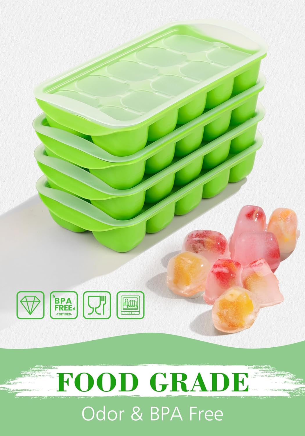 DOQAUS Ice Cube Tray with Lid and Bin - 4 Pack Ice Bucket Kits, Stackable