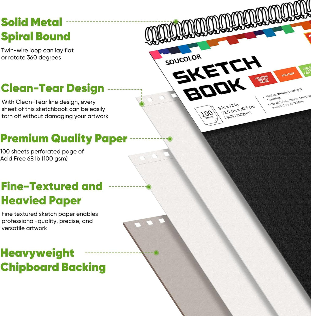 Soucolor 9" x 12" Sketch Book, 100 Sheets Top Spiral Bound Sketchbook with