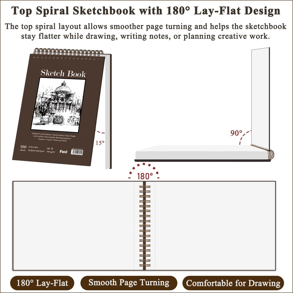 Fuxi 9" x 12" Sketch Book, Top Spiral Bound Sketch Pad, 100 Sheets