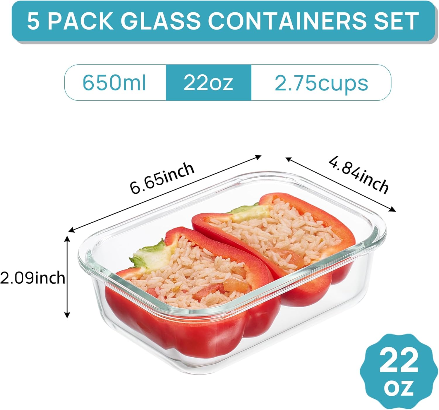 Vtopmart 5Pack 22oz Glass Storage Containers with Lids, Glass Meal Prep Food