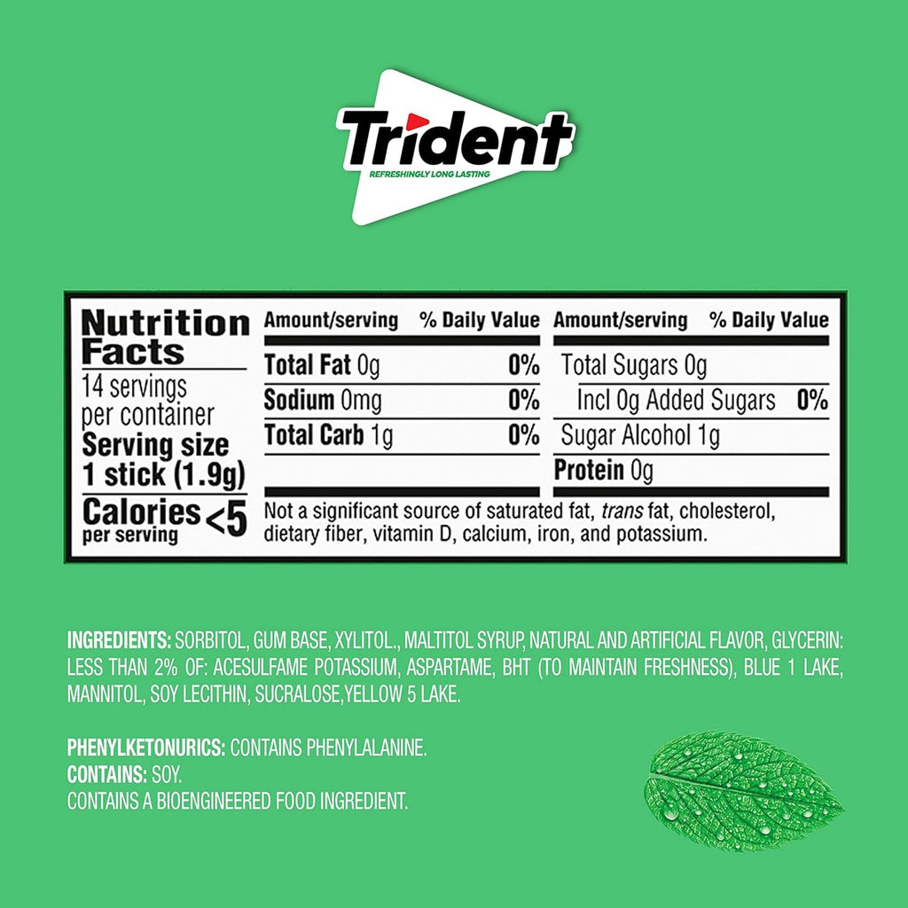 Trident Spearmint Sugar-Free Chewing Gum, 12 Packs of 14 Pieces (168 Total