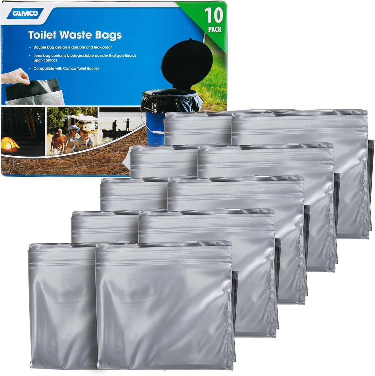 Camco Toilet Waste Bags - Features a Biodegradable Powder & Leak Proof Double Bag Design