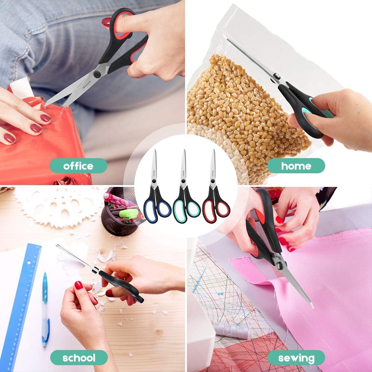 iBayam 3-Pack 8" Heavy Duty Scissors with Ultra Sharp Blades and Comfort Grip