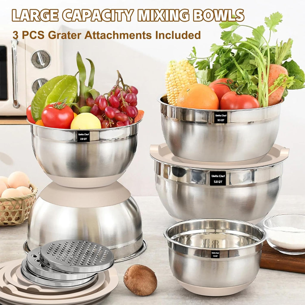 Umite Chef Mixing Bowls with Airtight Lids Set, 8PCS Stainless Steel Khaki