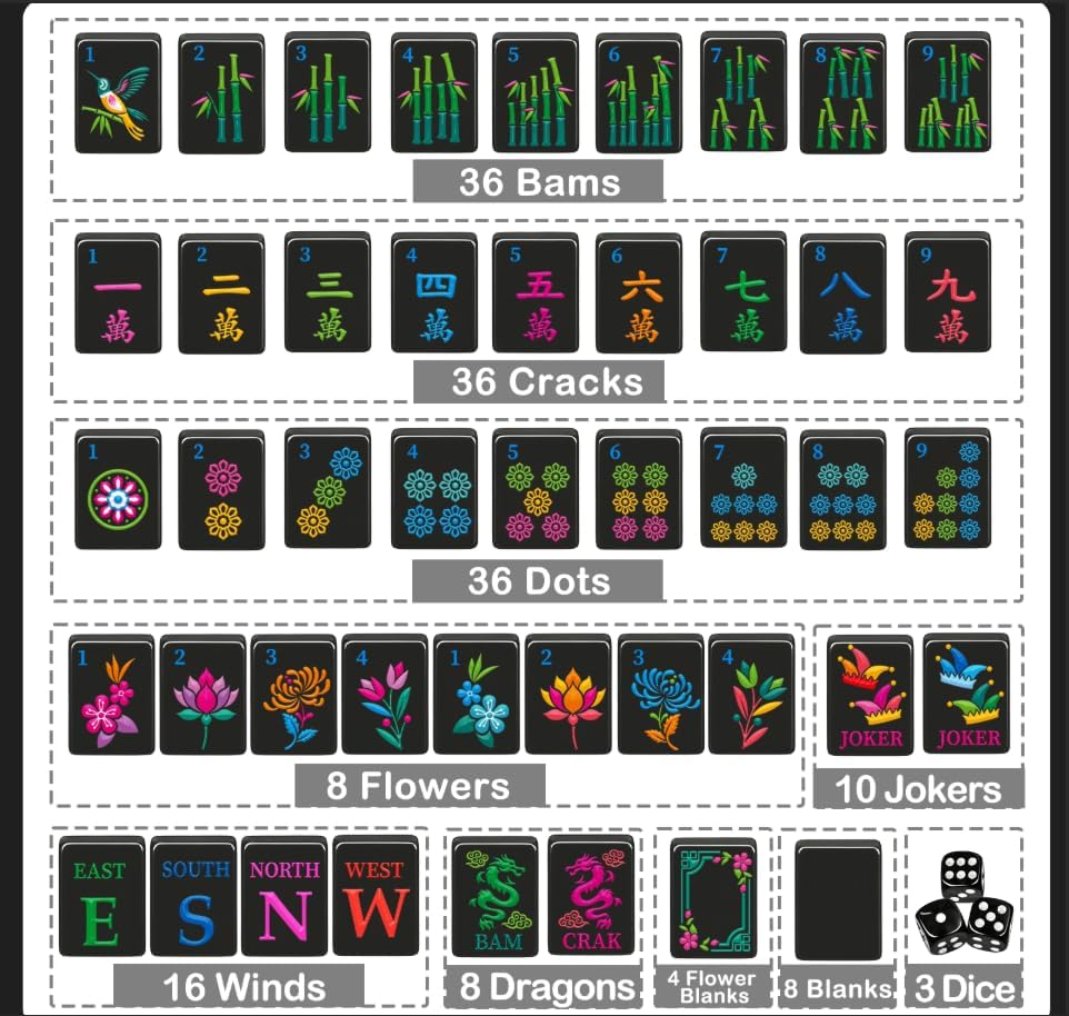162 Black American Mahjong Tiles Set & Storage Bag, Dice, 1.2" Travel Gift