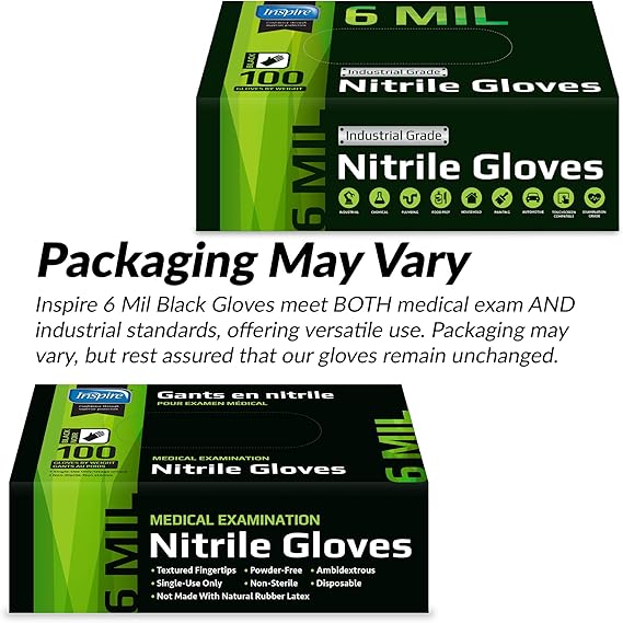 Inspire Black Nitrile Gloves HEAVY DUTY 6 Mil Nitrile Chemical Resistant