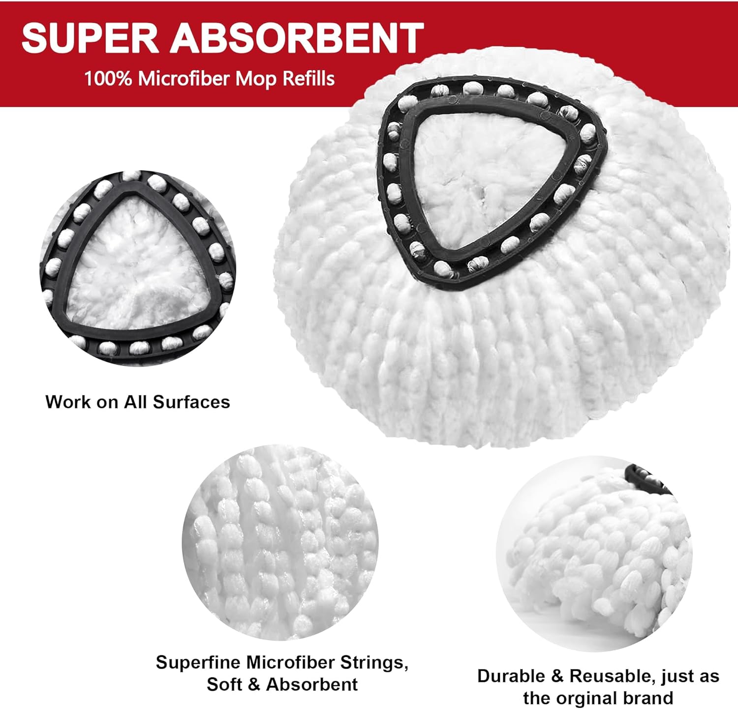 4 Pack Mop Heads Replacements for O-Ceda Easy Wrin Spin System, Microfiber