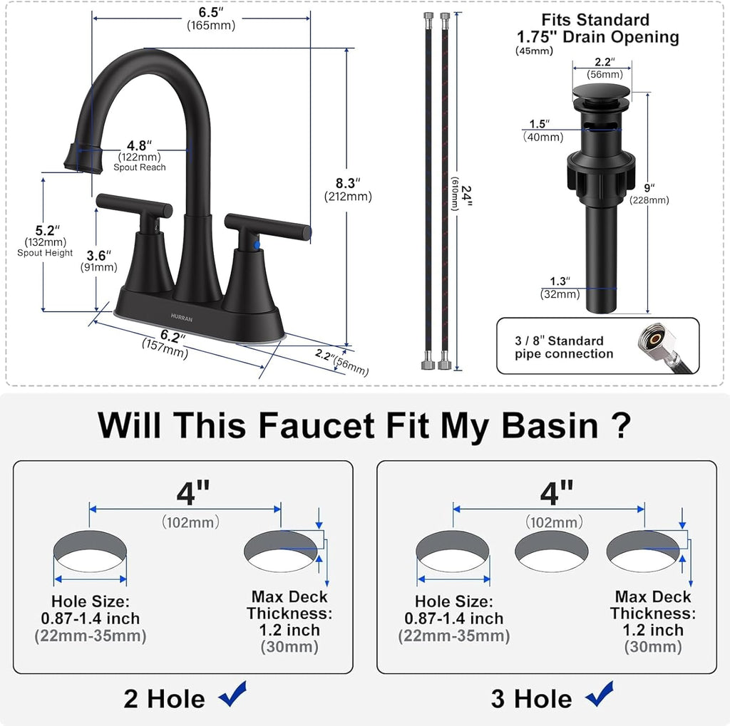 Bathroom Faucets for Sink 3 Hole, Hurran 4 inch Matte Black with Pop-up Drain