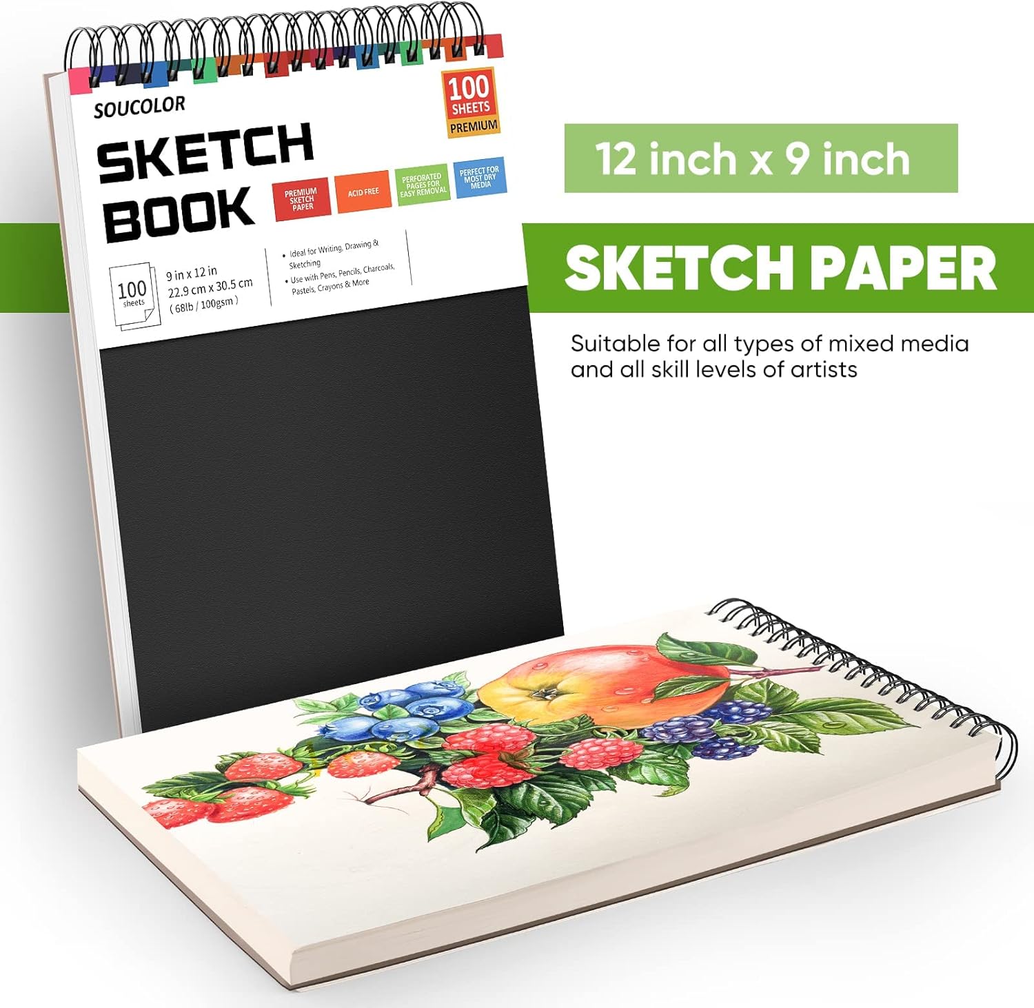 Soucolor 9" x 12" Sketch Book, 100 Sheets Top Spiral Bound Sketchbook with
