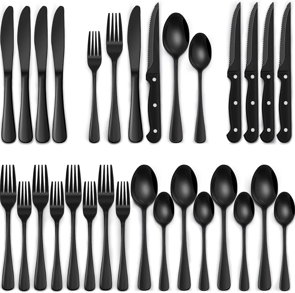EWFEN 24-Piece Black Silverware Set with Steak Knives, Black Flatware Set for