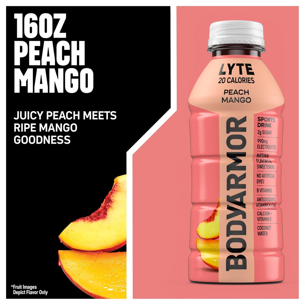 BODYARMOR LYTE, Peach Mango, Electrolyte Drink, 20 Calories, 16 Fl Oz Bottles