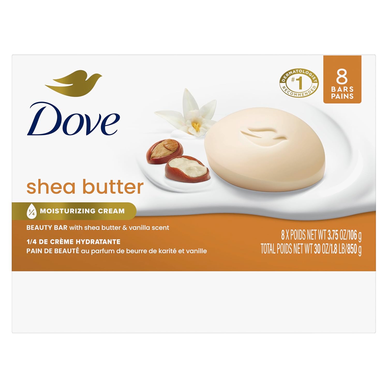 Dove Beauty Bar Soap Shea Butter, 8 Bars for Nourished, Radiant Skin