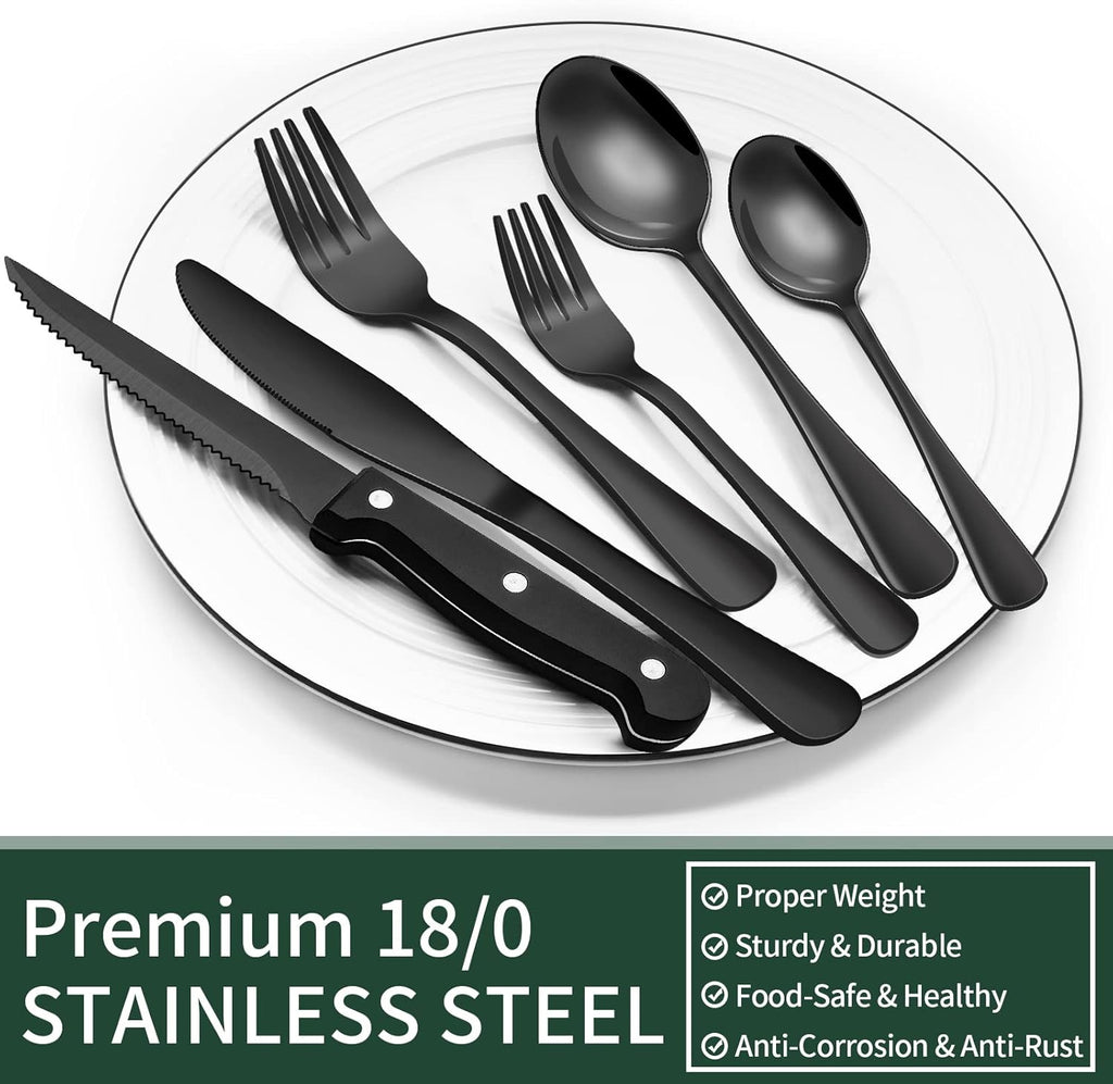 EWFEN 24-Piece Black Silverware Set with Steak Knives, Black Flatware Set for