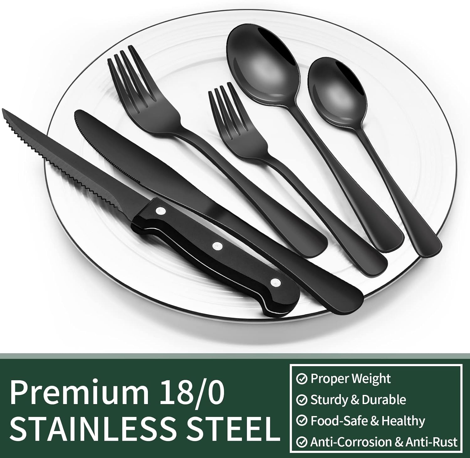 EWFEN 24-Piece Black Silverware Set with Steak Knives, Black Flatware Set for