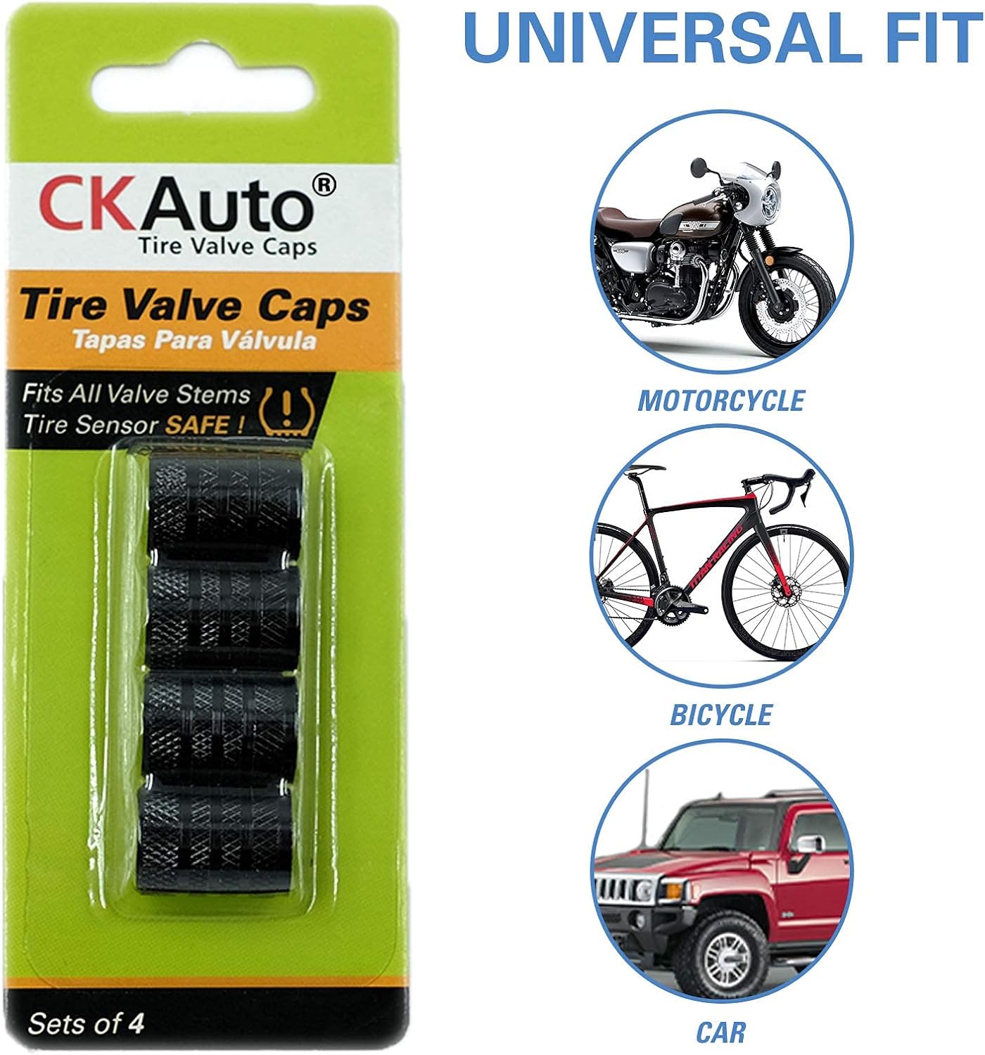 CKAuto Tire Valve Stem Caps, Black, 4 pcs/Pack, Anodized Aluminum Tire Valve