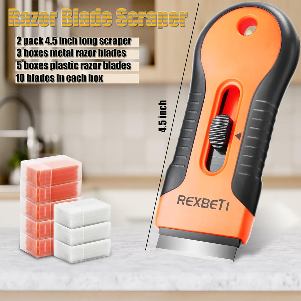 REXBETI Razor Blade Scraper Tool, 2 Pack Razor Scraper Set with Extra 80Pcs