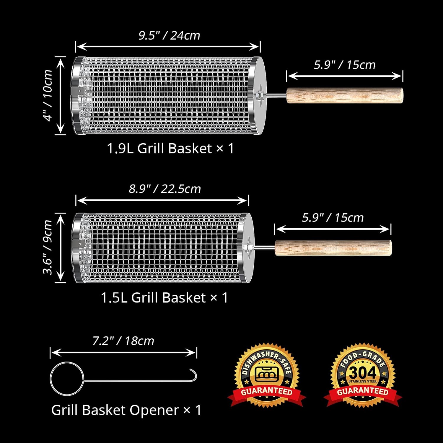 ivtivfu Rolling Grill Basket, Removable Wooden Handle, 304 Stainless Steel