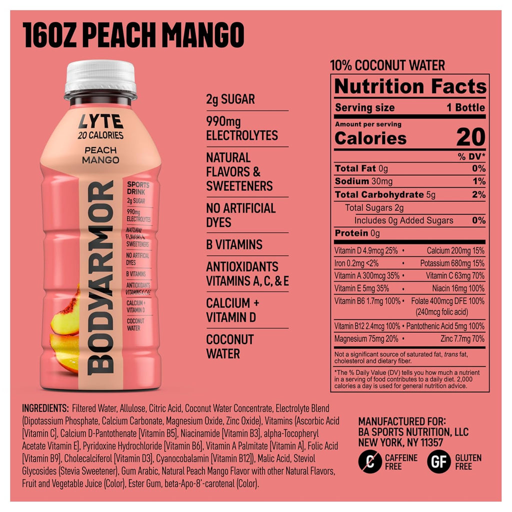 BODYARMOR LYTE, Peach Mango, Electrolyte Drink, 20 Calories, 16 Fl Oz Bottles