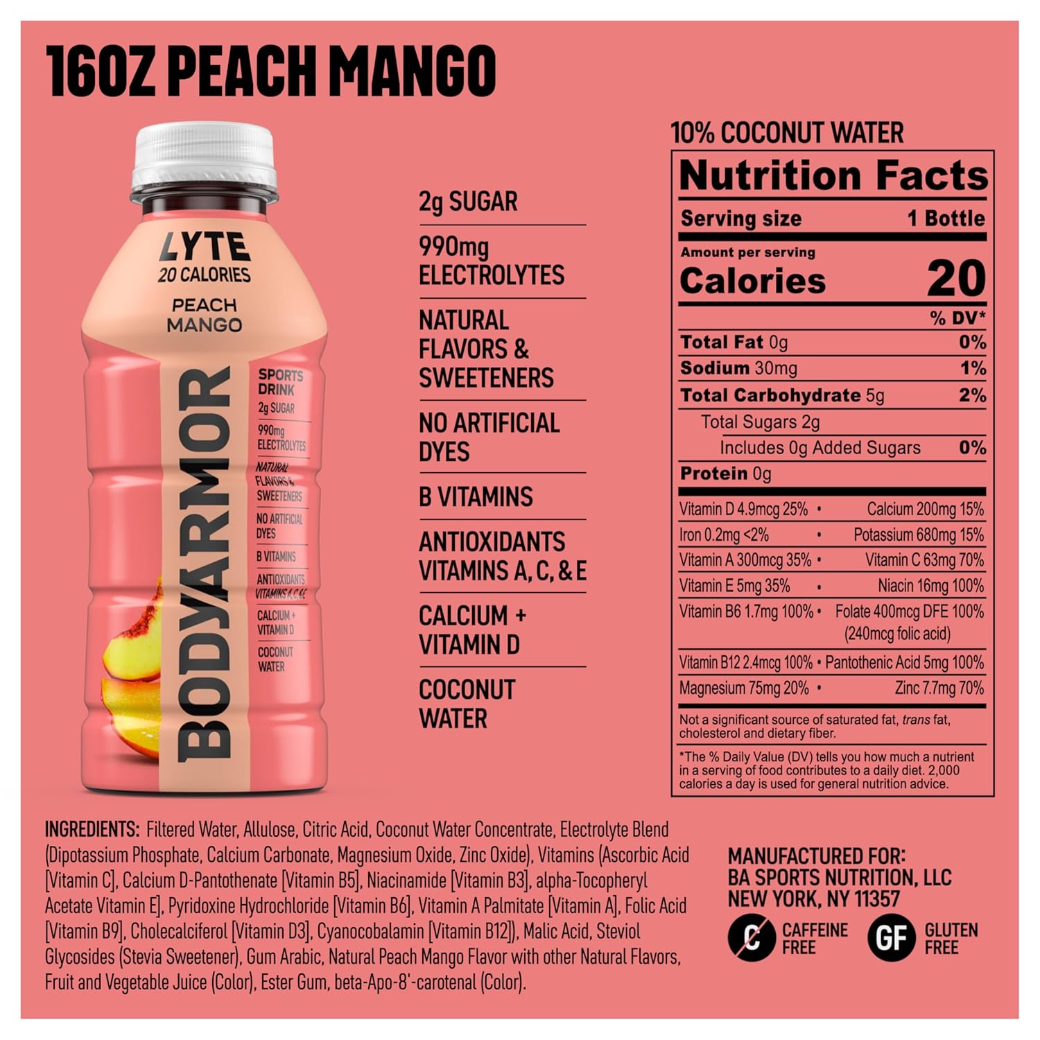 BODYARMOR LYTE, Peach Mango, Electrolyte Drink, 20 Calories, 16 Fl Oz Bottles