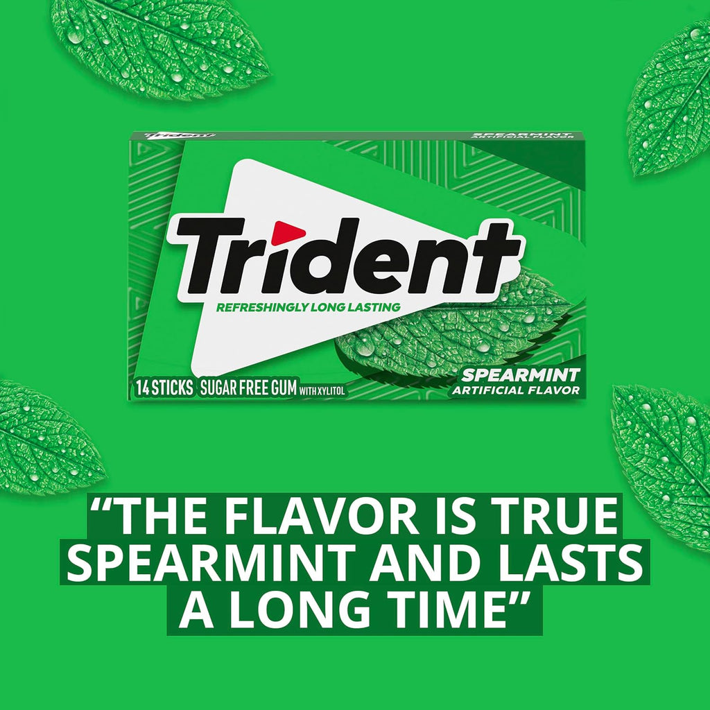 Trident Spearmint Sugar-Free Chewing Gum, 12 Packs of 14 Pieces (168 Total