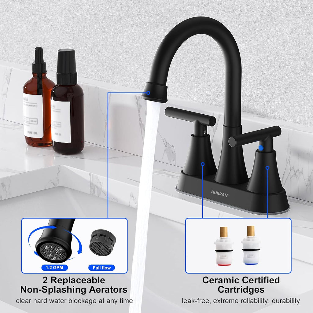 Bathroom Faucets for Sink 3 Hole, Hurran 4 inch Matte Black with Pop-up Drain