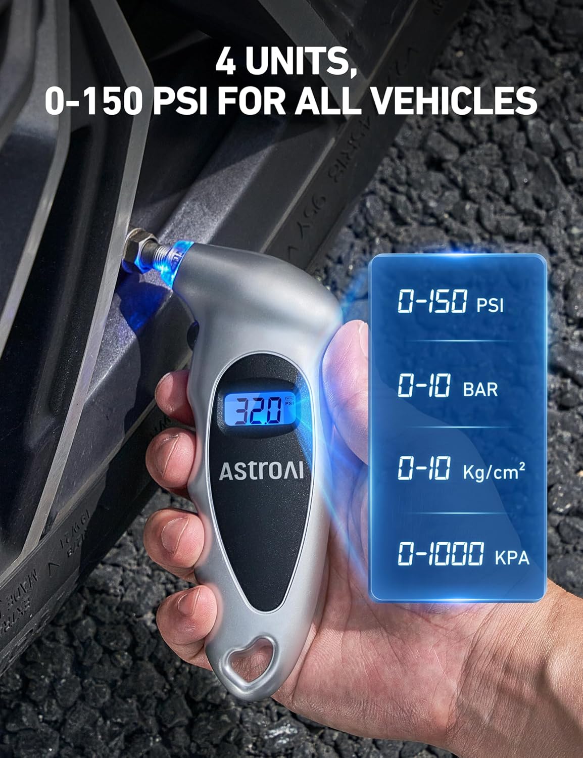 AstroAI Digital Tire Pressure Gauge 0-150PSI Calibrated to ANSI B40.7