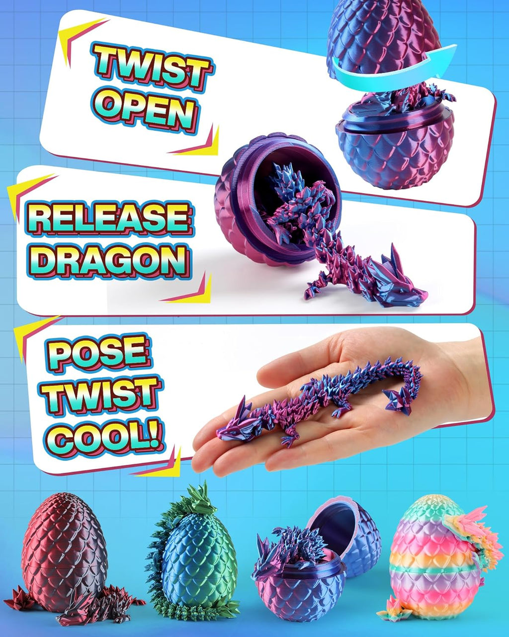 Rapean 8" 3D Printed Dragon Eggs, Easter Basket Stuffers for Kids and Teens