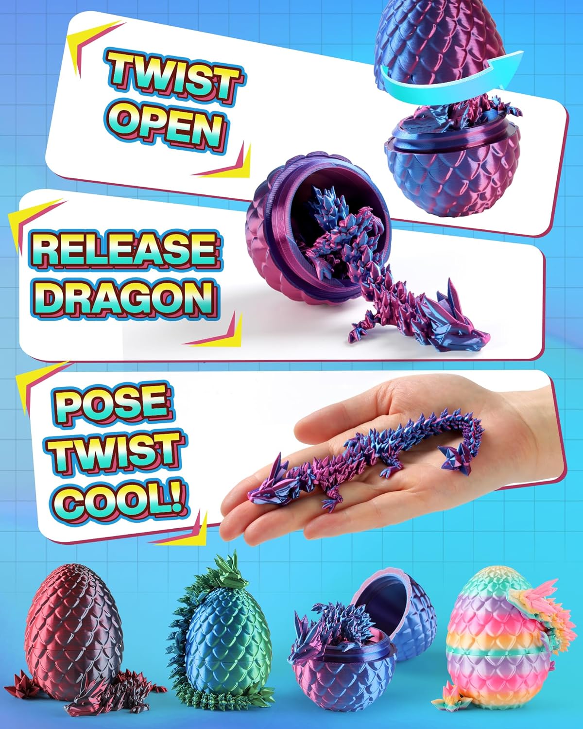 Rapean 8" 3D Printed Dragon Eggs, Easter Basket Stuffers for Kids and Teens